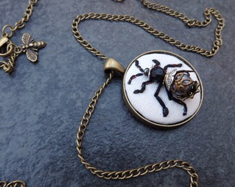 Hand embroidered brass steampunk entomology bead beetle / insect necklace pendant. Perfect Christmas gift!