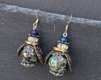 Unique handmade brass & silver coloured steam punk bead bee / beetle / insect charm earrings.