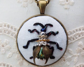 Unique hand embroidered brass steampunk entomology  bead bee / beetle / insect necklace pendant. Perfect for Christmas gift and beyond!