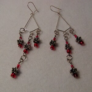 Red and Pewter Flower Chandelier Earrings