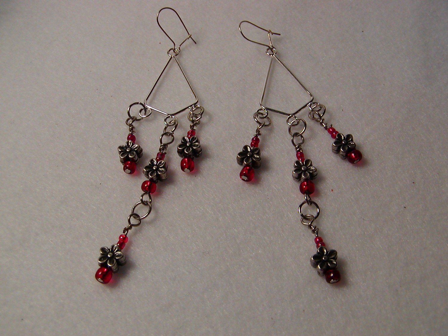 Red and Pewter Flower Chandelier Earrings Etsy