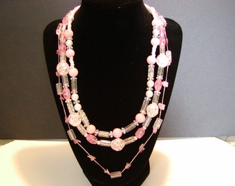 3 chapelet collier de perles rose et transparent