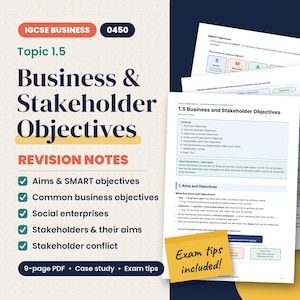 May include: A 9-page PDF revision guide for IGCSE Business topic 1.5, Business & Stakeholder Objectives. The document features a list of topics including Aims & SMART objectives, common business objectives, social enterprises, and stakeholder conflict.