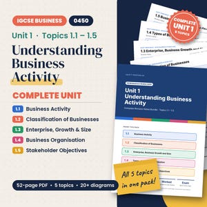 May include: A 52-page PDF revision notes bundle for IGCSE Business 0450 Unit 1, covering topics 1.1 to 1.5. The document features a dark blue and white layout with colour-coded sections for Business Activity, Classification, Enterprise, Organisation, and Stakeholder Objectives, including over 20 diagrams.