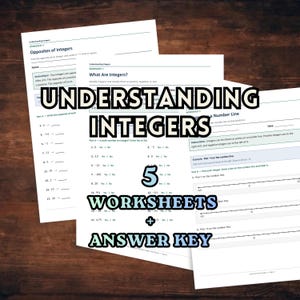 Könnte beinhalten: Ein Set aus fünf Arbeitsblättern mit dem Titel Understanding Integers, die mathematische Aufgaben zu Gegenzahlen, Zahlenstrahlen und der Klassifizierung von Ganzzahlen enthalten, inklusive Lösungsschlüssel. Weißes Papier mit schwarzem Text.