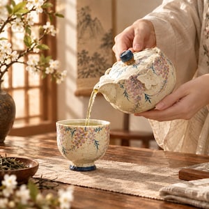 Op de afbeelding: Een keramische theepot en bijpassend theekopje met een gespikkelde crèmekleurige glazuurlaag, handbeschilderd met paarse blauweregenbloemen en groene bladeren. De theepot heeft een blauwe dekselknop en een gebeeldhouwd vlinderdetail.