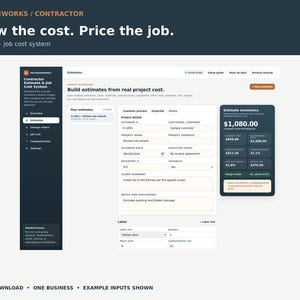 Könnte beinhalten: Eine digitale Benutzeroberfläche für das RevenueWorks Contractor Estimate & Job Cost System. Der Bildschirm zeigt Projektdetails, Arbeitsaufwand und Kalkulationsdaten mit einer Summe von 1.080,00 $. Das Layout umfasst ein dunkles Seitenmenü und ein helles Formular.