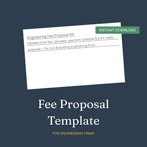 Puede incluir: Una plantilla de documento digital titulada Engineering Fee Proposal Kit con una calculadora de tarifas Excel editable, calendario de pagos y propuesta lista para imprimir para firmas de ingeniería civil y de construcción.