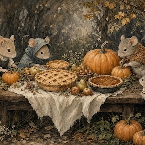 May include: Four mice dressed in small garments gather around a rustic wooden table covered with a white cloth. The table features several baked pies, fresh pumpkins, and various fruits. The scene is set outdoors in a wooded area with autumn leaves.