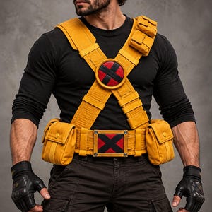 Pode incluir: Um arnês tático amarelo com um emblema circular central com um design de X vermelho e preto, uma fivela de cinto retangular correspondente com um X vermelho e preto, vários bolsos utilitários e alças grossas sobre uma camisa preta.