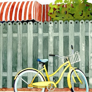 Beach Bike, watercolor painting by Kathy Johnson.  Bicycle parked next to a fence with an striped awning.  Yellow, green, red.