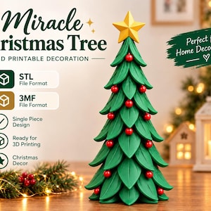 Op de afbeelding: Een groene 3D-printbare kerstboomdecoratie met rode bolvormige ornamenten en een gele ster als piek. De tekst bevat Miracle Christmas Tree, 3D Printable Decoration, STL File Format, 3MF File Format, Single Piece Design, Ready for 3D Printing.