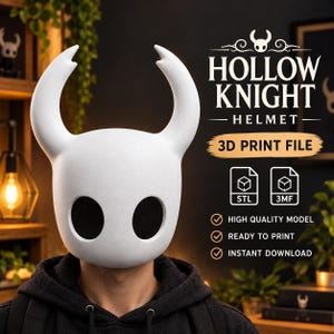 May include: A white Hollow Knight helmet 3D print file featuring two large black eye sockets and curved horns. The text reads Hollow Knight Helmet 3D Print File, with icons for STL and 3MF files, plus text for high quality model, ready to print, and instant download.