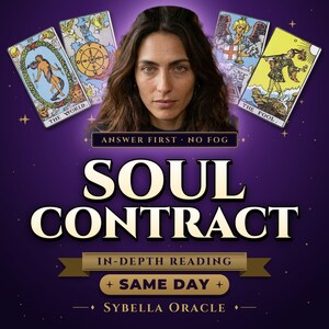 May include: A digital graphic featuring a person centred above the text SOUL CONTRACT, ANSWER FIRST NO FOG, IN-DEPTH READING, SAME DAY, and SYBELLA ORACLE. Four tarot cards, The World, Wheel of Fortune, Judgement, and The Fool, frame the person.