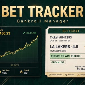 Könnte beinhalten: Eine digitale Bet Tracker Bankroll Manager-Oberfläche mit dunkelgrünem Hintergrund und goldenem Text. Sie zeigt einen Gesamtgewinn von 2.450,23 $, einen ROI von 18,4 %, eine Gewinnrate von 62 % und eine W3-Serie. Ein Wettschein zeigt LA Lakers -4.5.