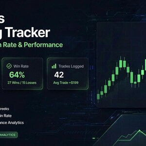 Könnte beinhalten: Digitales Options Trading Tracker Dashboard mit dunklem Design und grünen Akzenten. Es zeigt einen P&L von +8.340 $, eine Gewinnrate von 64 % und 42 protokollierte Trades. Ein großes grünes Candlestick-Diagramm zeigt das Wachstum. Funktionen umfassen Analysen.