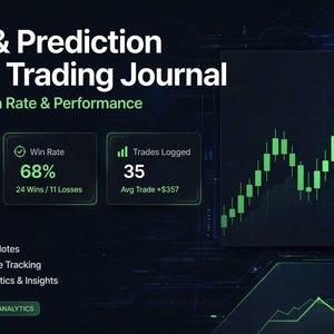 Può includere: Una dashboard digitale per un diario di trading azionario e di previsioni con un grafico a candele verde, un P&L di +$12.487, un tasso di vincita del 68%, 35 operazioni registrate, analisi delle prestazioni e note di trading giornaliere.