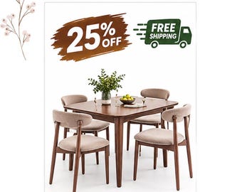 May include: A rectangular wooden dining table with four matching chairs featuring curved backrests and beige upholstered seats. The table surface holds a glass vase with green foliage and a small bowl of yellow fruit. Text reads 25% OFF.