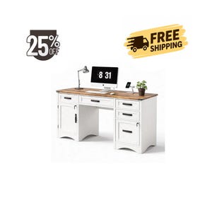 May include: A white wooden desk with a brown wood-grain top, featuring a central drawer, a left-side cabinet with a lock, and three right-side drawers. The desk includes a silver desk lamp, a computer monitor displaying 8:31, and a small potted plant.