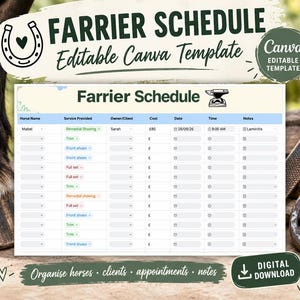 May include: A digital farrier schedule template featuring a table with columns for horse name, service provided, owner, cost, date, time, and notes. The header includes the text Farrier Schedule and an anvil icon. It is an editable Canva template.