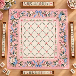 Pink Floral & Blue Bow Mahjong Mat, Watercolor Botanical Garden Lattice, Preppy Coquette Game Table Cover, American Mahjong Gift for Her