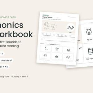 Może przedstawiać: Ćwiczenia z fonetyki zatytułowane Calm Phonics Path zawierające strony z literą S, ćwiczenia w pisaniu po śladzie oraz rysunki liniowe węża, skarpetki, lisa, psa, słońca, kapelusza, świni i puszki, przeznaczone dla dzieci w wieku od 3 do 7 lat.