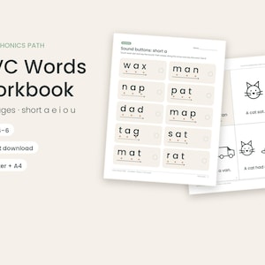 May include: A CVC Words Workbook with 100 pages featuring short vowel sounds. The cover displays the title Calm Phonics Path, ages 4-6, and US Letter + A4 formats. Two sample pages show phonics exercises with words like wax, man, and cat illustrations.