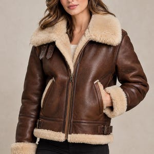 Women's Brown Shearling Leather Jacket, Vintage Aviator Biker Coat, Warm Winter Outerwear