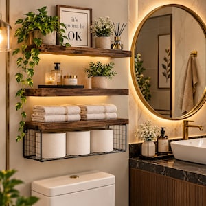 May include: Three dark wood floating shelves mounted on a wall. The top shelf holds a potted plant, a framed sign reading 'it's gonna be OK', and a small plant. The middle shelf features a candle, a bottle, and a plant. The bottom shelf has two folded towels and a black wire basket containing three rolls of toilet paper.