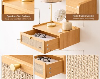 Floating Nightstand with Drawer, Wall Mounted Bedside Table, Wooden Nightstand, Modern Bedroom Furniture, Space Saving Nightstand