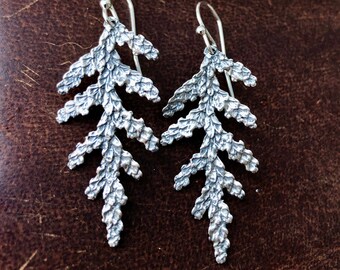 Sterling silver earrings, gift idea, nature, texture, design, organic, cedar earrings, Maine Made, Jewelry pattern