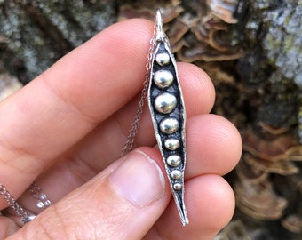 Organic textured, Sterling silver pea pod necklace, Handmade in Maine.