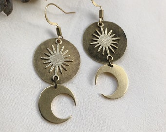 Brass, geometric, boho, gold colored jewelry, Christmas, handmade, Made in Maine, local earrings, artisan, moon, sun, classic, astrology