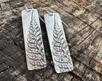 Recycled sterling silver fern earrings, Maine made jewelry, handmade, lightweight, leaf earrings, fern jewelry, silver earrings dangle, art