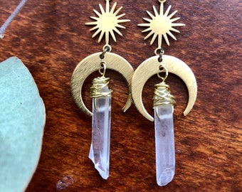 Moon + star earrings, quartz crystal, solid brass, planets, jewelry, dangle earrings, Maine Made, Local, natural gemstone, handmade, unique