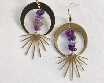 Amethyst, moon, star, solid brass, rustic, jewelry, dangle earrings, Maine Made, Local, boho, natural gemstone, purple, sun, star, crescent