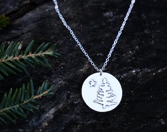 Maine Flag Necklace, Pine Tree and Star Recycled Sterling Silver disc,