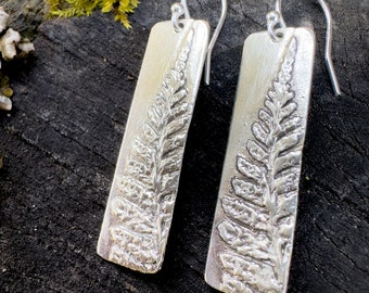 Recycled sterling silver fern earrings, Maine made jewelry, handmade, lightweight, leaf earrings, fern jewelry, silver earrings dangle, art