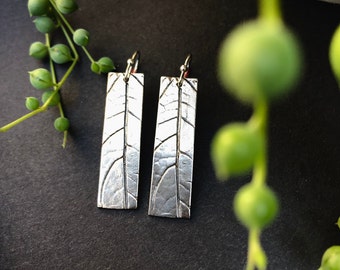 Recycled sterling silver rectangle leaf earrings, Maine made, handmade, lightweight, leaf jewelry, plant jewelry