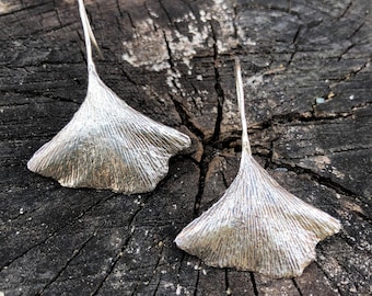 Ginkgo textured leaf earrings in Recycled Sterling Silver, made with real leaves