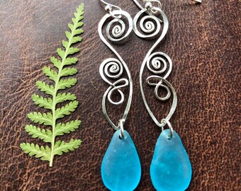 Cultured sea glass teardrop earrings, textured, dangles, hammered silver earrings, Maine made, handmade, spirals, unique, gift for her