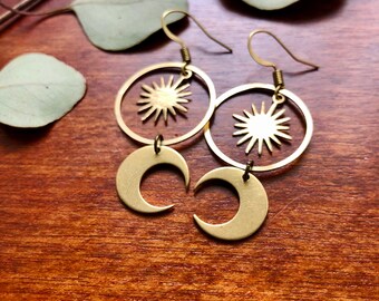 Moon star earrings | brass | planets | astrology | jewelry | dangle earrings |Maine Made | gold color | geometric | hoop dangle earrings