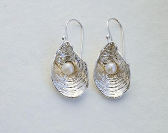 Hand-Carved Oyster Shell Earrings: Recycled Sterling Silver, Freshwater Pearl
