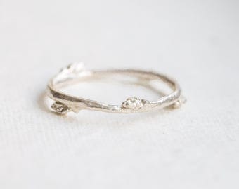 Hand Carved Budding Twig Ring: Recycled Sterling Silver, Maine Forest Jewelry, Size 8