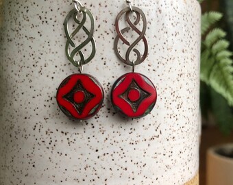 Czech cut glass, silver celtic knot, hammered silver jewelry, unique, Christmas gift for her, hand made, Made in Maine, red travertine