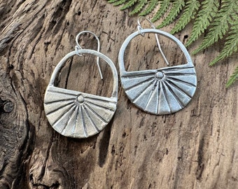 Sunbeam earrings, Recycled Sterling silver, circle, Eco-friendly, sunlight, silver sunshine, Maine Made, Maine art, hoop, Atlantis design