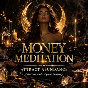 May include: A digital graphic featuring a person meditating with eyes closed, surrounded by gold coins, crystals, and lit candles. The text reads: MONEY MEDITATION, ATTRACT ABUNDANCE, Calm Your Mind • Open to Prosperity. A large glowing crescent moon is in the background.