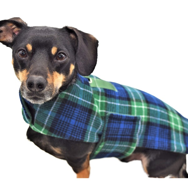 Mini Dachshund Blue Plaid Reflective Coat, Chiweenie Personalized Fleece, Chihuahua Harness Sweater, Pet Harness Coat, Dog Lover Gift