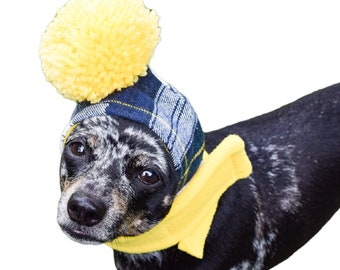 Dachshund Winter Navy Plaid Flannel PomPom Hat, Chiweenie Warm  Cap, Chihuahua Fleece Custom Hat, Small Dog Luxury, Weiner  Dog Clothes