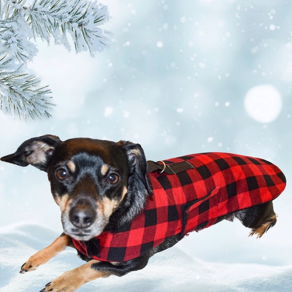 Dachshund Red Buffalo Plaid Reflective Coat, Chiweenie Fleece Clothes, Chihuahua Warm Sweater, Small Dog Personalized Coat, Dog Lover Gift